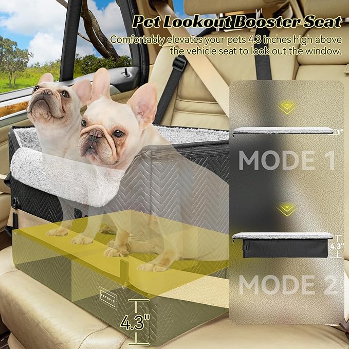 PETSFIT Dog Car Seat Medium Sized Dog, Waterproof PU Leather Dog Seat for Car with Patented Safe Buckles, 2 Clip-On Safety Leashes, Suitable for 2 Small Dogs (Medium, Black)