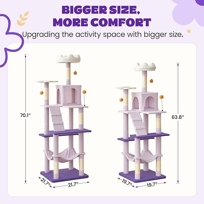 MWPO Flower Large Cat Tree, 70.1-Inch Multi-Level Tall Cat Tower for Indoor Cats, Plush Cat Condo with Big Padded Perches, Sisal-Covered Scratching Posts, Hammock, Toys for Kittens & Cats