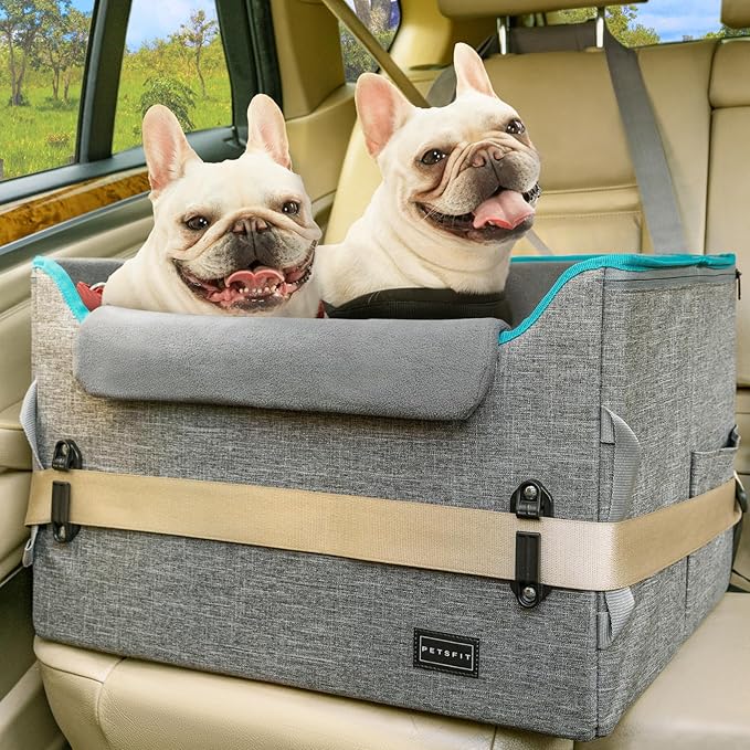 PETSFIT Dog Booster Car Seat for Small/Medium Dogs, Dog Car Seat for Medium Sized Dog with 2 Clip-On Safety Leashes and Patented Buckles, Pet Car Seat with Storage Pockets for Pets Under 45Lbs (Grey)