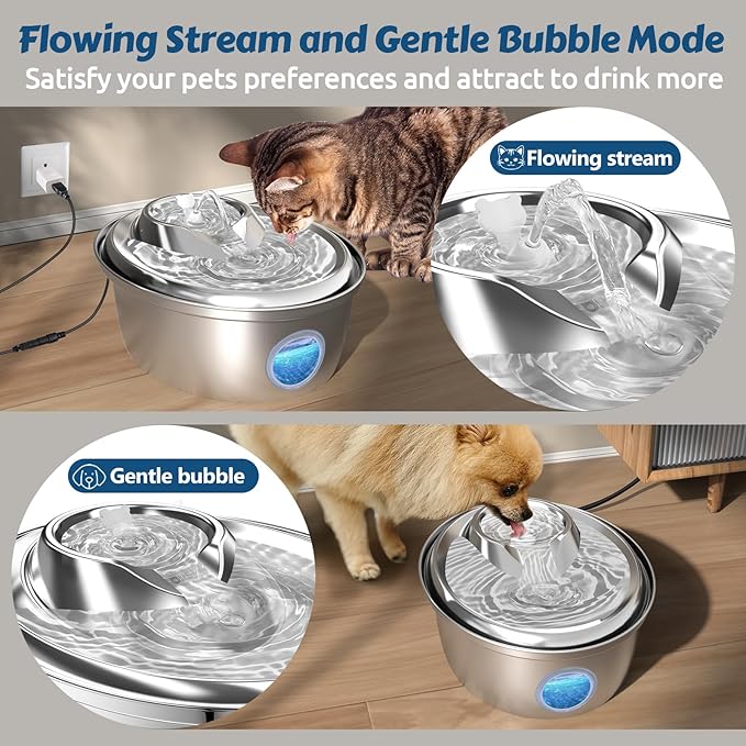 ORSDA Stainless Steel Cat Water Fountain, Automatic Pet Water Fountain, 100oz/3L Drinking Fountain Dog Water Dispenser with Water Level Window- 4Pcs Filters (D66)