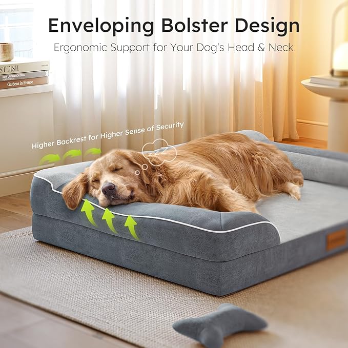 Extra Large Dog Bed, Orthopedic XL Dog Bed with Cooling Gel Memory Foam, Waterproof Pet Bed with Removable Washable Cover, 42" Pet Sofa Couch Dutch Velvet with Bone Toy, Dark Gray