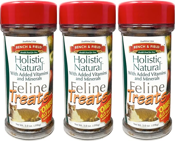 Bench & Field Holistic Natural Healthy Kitty Cat Treats | Crunchy Fish-Shaped Bites | Delicious Seafood Flavored Snack, 3-Ounce (Pack of 3 Bottles)