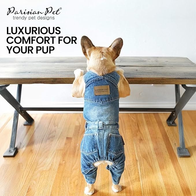 Parisian Pet Denim Overall - Blue Dog Jeans Outfit - Breathable Puppy Jumpsuit Costumes - Machine Washable Overall for Dogs - Dog Clothes for Large Dogs - L