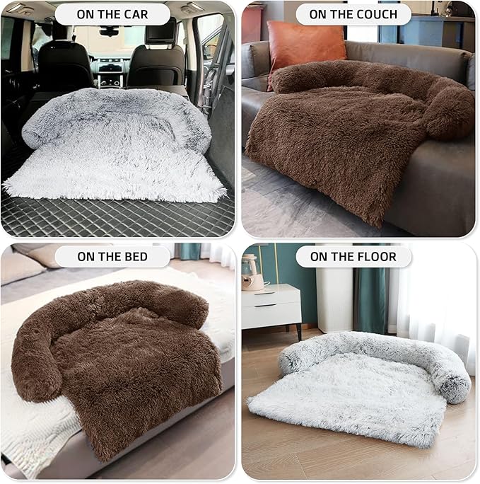 GGIB Calming Dog Bed Fluffy Plush Dog Mat for Furniture Protector with Removable Washable Cover for Large Medium Small Dogs and Cats (Large, Coffee)