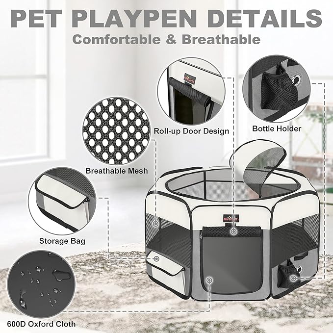 Aivituvin Dog Playpen Foldable Pet Play Pens with Carrying Bag for Cat, Puppies, Rabbits, Chickens, Durable Portable Pet Tent for Travel Camping Indoor/Outdoor Grey S