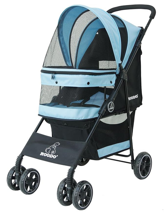 ROODO 4 Wheel Dog Cat Pet Stroller Best Lightweight Foldable Compact Portable Jogger All Terrain Travel Pet Gear Puppy Doggie Bunny Kitty Stroller for up to 30lbs Medium Small Dogs Cats(Sky Blue)