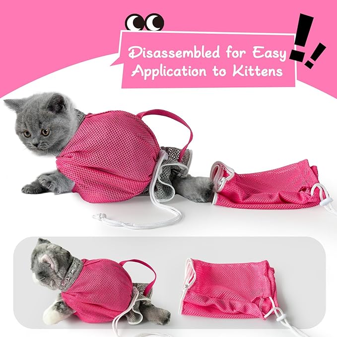 Cinf Cat Bathing Bag, Breathable Mesh Anti Scratch Adjustable Cat Grooming Bag for Nail Trimming, Bathing Soft Cat Washing Bag(Pink) M