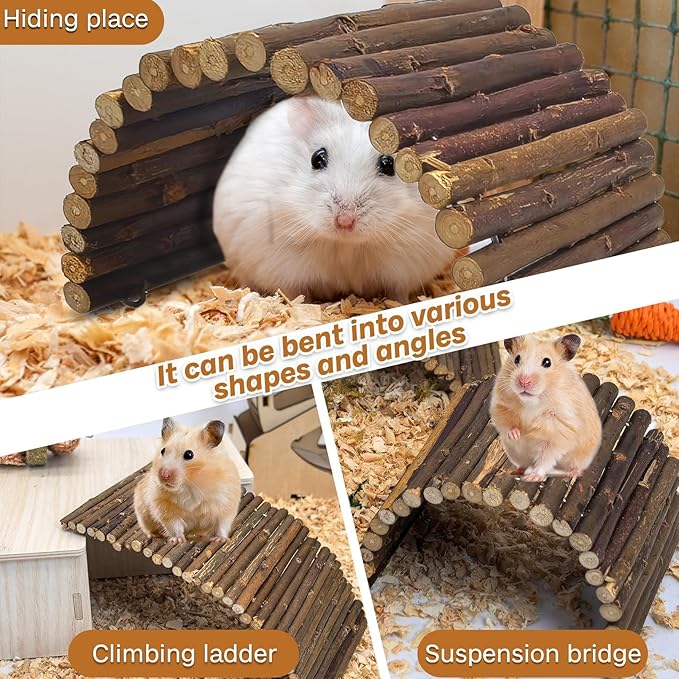 PINVNBY 2 PCS Hamster Toys, Wooden Hamster Ladder Bridge Tunnel Hide, Guinea Pigs Cage Accessories for Chinchillas Guinea Pigs Mouse Rat Ferre, Rodents Natural Hideout for Small Animals