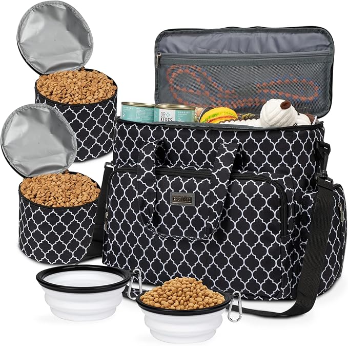 BAGLHER Dog Travel Bag, Pet Travel Bag (ALL Pet Travel Supplies), With 2 Pet Food Containers and 2 Collapsible Silicone Bowls; Essential Kits for Pet Travel DLblack