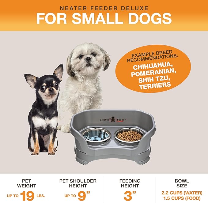 Neater Pet Brands Neater Feeder Deluxe Mess Proof Dog Bowls Elevated for Small Dogs Under 19 lbs, Made in USA, No Spill Raised Dog Food Bowl Stand Feeding Station, Food and Water Bowl Set, Grey