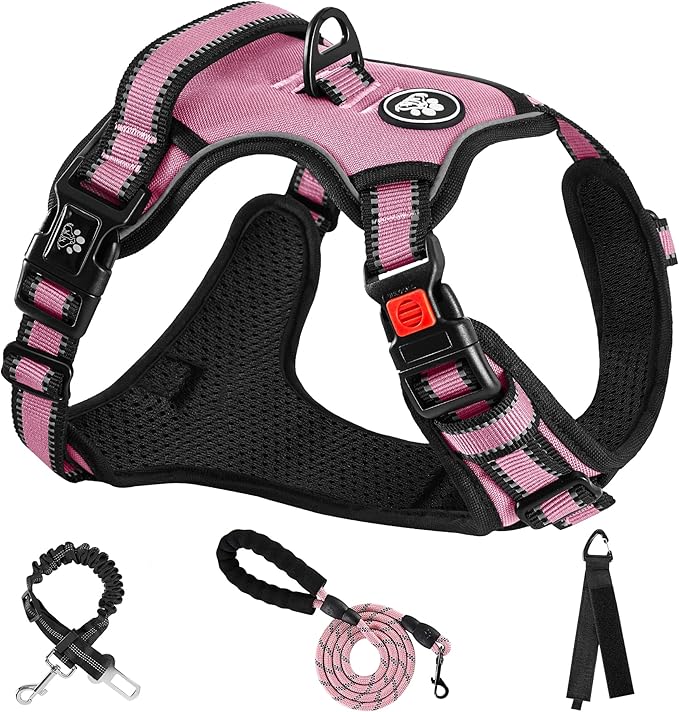 NESTROAD No Pull Dog Harness,Adjustable Oxford Dog Vest Harness with Leash,Reflective No-Choke Pet Harness with Easy Control Soft Handle for Large Dogs(X-Large,Pink)