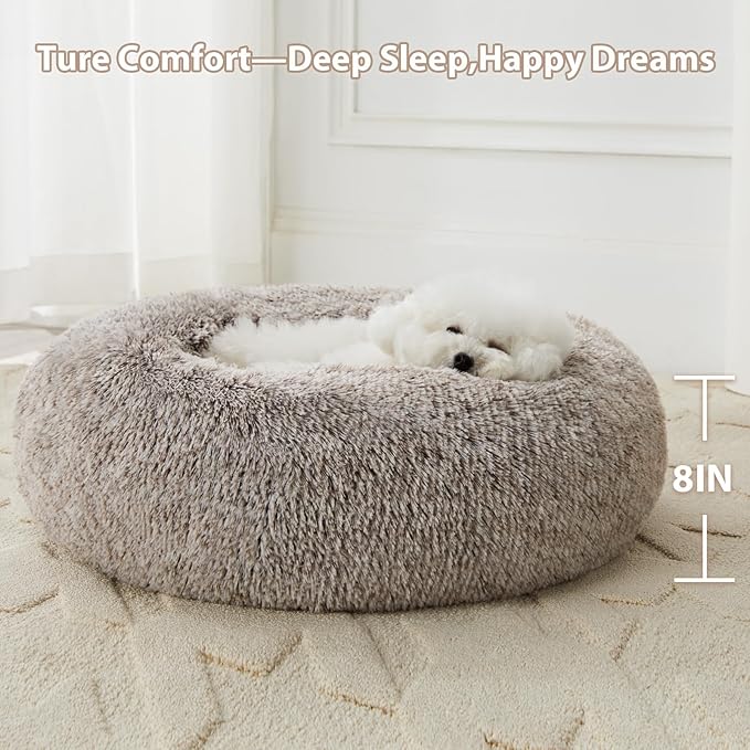 WNPETHOME Calming Dog Bed Cat Bed Donut, Faux Fur Pet Bed Self-Warming Donut Cuddler, Comfortable Round Plush Dog Beds (27 x 27 Inch, Light Coffee)
