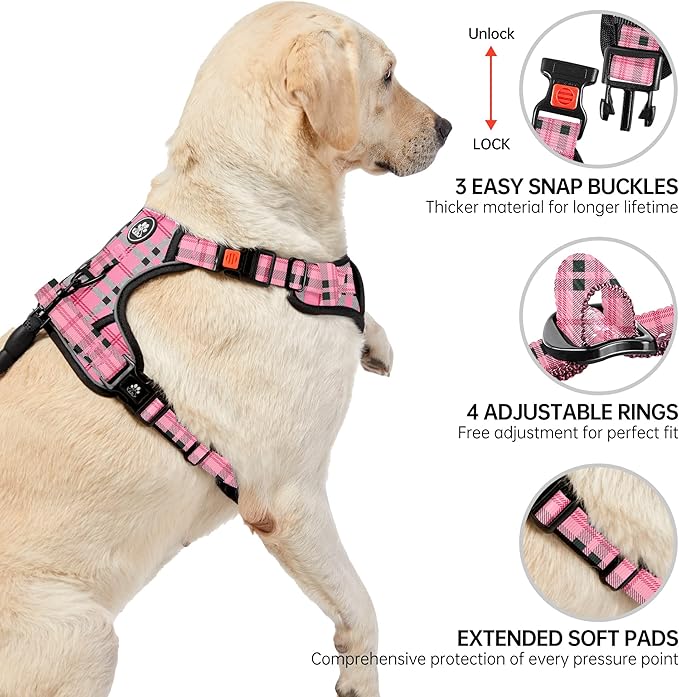 NESTROAD No Pull Dog Harness with Leash, Reflective No Choke Pet Vest Harness,Adjustable Soft Padded Dog Harness with Easy Control Handle for Medium Dogs(Checkered Pink,Medium)
