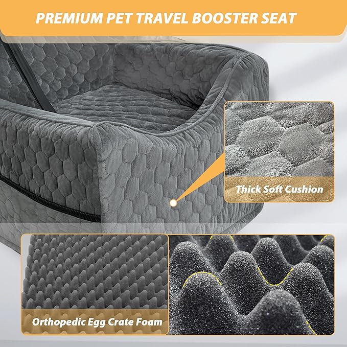 Dog Car Seat for Small/Medium Dogs, Memory Foam Dog Booster Seat, Travel Safety Per Car Seat with Washable Removable Cover, Storage Pockets for Dogs up to 35 lbs(Gray)