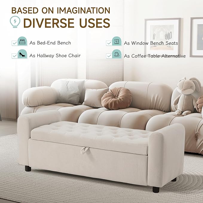 Ottoman with Storage, Tufted Storage Bench for Bedroom, 48" Fabrics End of Bed Bench, Upholstered Entryway Shoe Benches with Rolled Arm & Inner Zipper, Window Ottomans Chest without Rivets, Beige