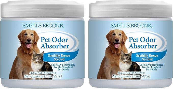 SMELLS BEGONE Air Freshener Pet Odor Absorber Gel - 15 oz, Pack of 2 - Absorbs and Eliminates Odor in Pet Areas, Bathrooms, Cars, & Boats - Made with Essential Oils - Soothing Breeze Scent
