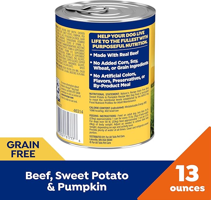 Nature's Recipe Grain Free Beef, Sweet Potato, and Pumpkin Recipe Wet Dog Food, 13 oz. Can, 12 Count