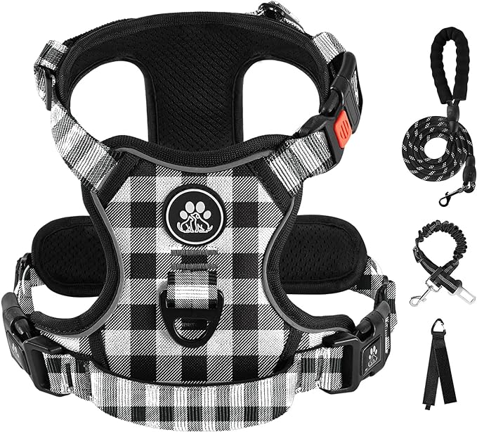 IVY&LANE No Pull Dog Harness with Leash Set, Reflective No Choke Pet Vest,Adjustable Oxford Dog Vest Harness with Easy Control Handle for Large Dogs (Checkered Black,XL)
