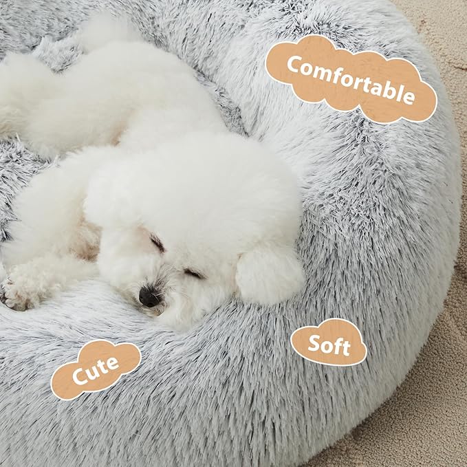 WNPETHOME Calming Dog Bed Cat Bed Donut, Faux Fur Pet Bed Self-Warming Donut Cuddler, Comfortable Round Plush Dog Beds (27 x 27 Inch, Light Grey)