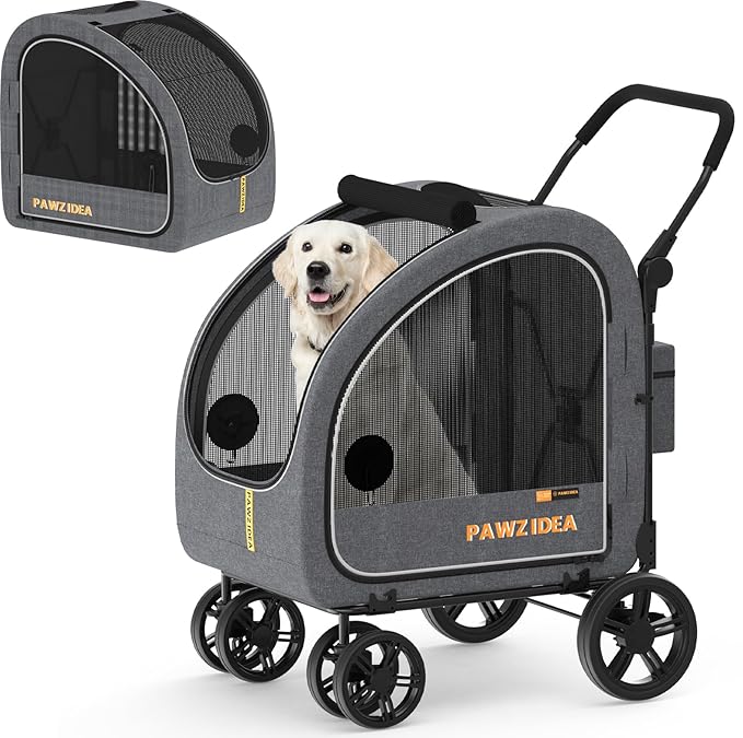 PAWZIDEA Dog Stroller for Large Dogs, Pet Stroller with Detachable Carrier for Portable Dog Crate for Car Seat, Foldable Dogs Jogger Strollers, All Terrain 9” Wheels, Adjustable Handle, Up to 80lbs