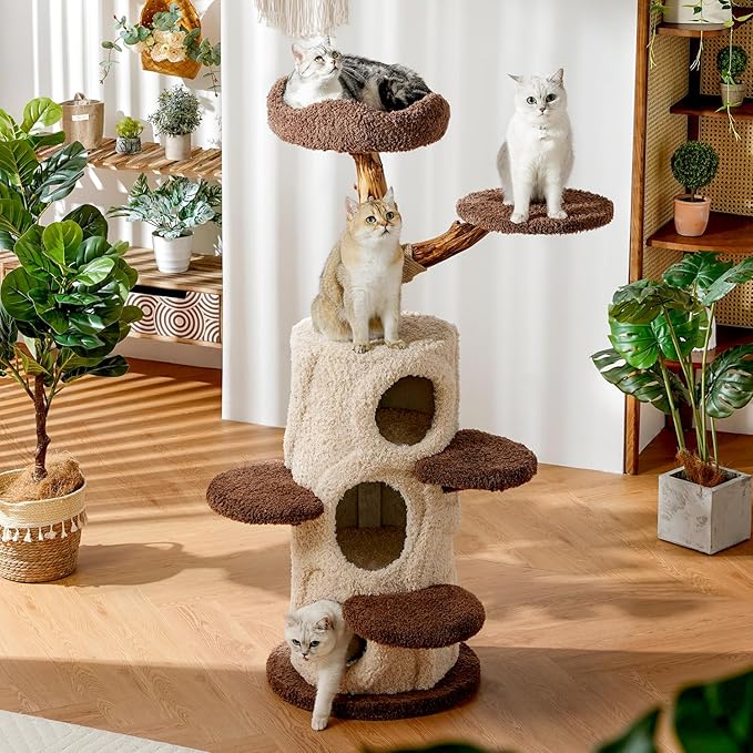 54.7'' Modern Cat Tree for Indoor Cats Large Adult, Wood Cat Tree with 3 Spacious Condos, Luxury Cat Tower with Cozy Perch, Scratching Post, Sturdy Kitty House Furniture for Small Medium Large Cats
