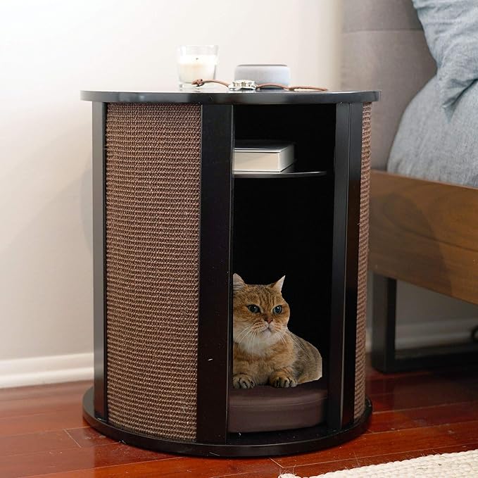THE REFINED FELINE Purrrrfect End Table Cat Bed Cave in Black Espresso, Multipurpose Wood Cat Furniture Nightstand, Easy to Clean Covered Cat Bed with Replaceable Scratching Post & Washable Cushion