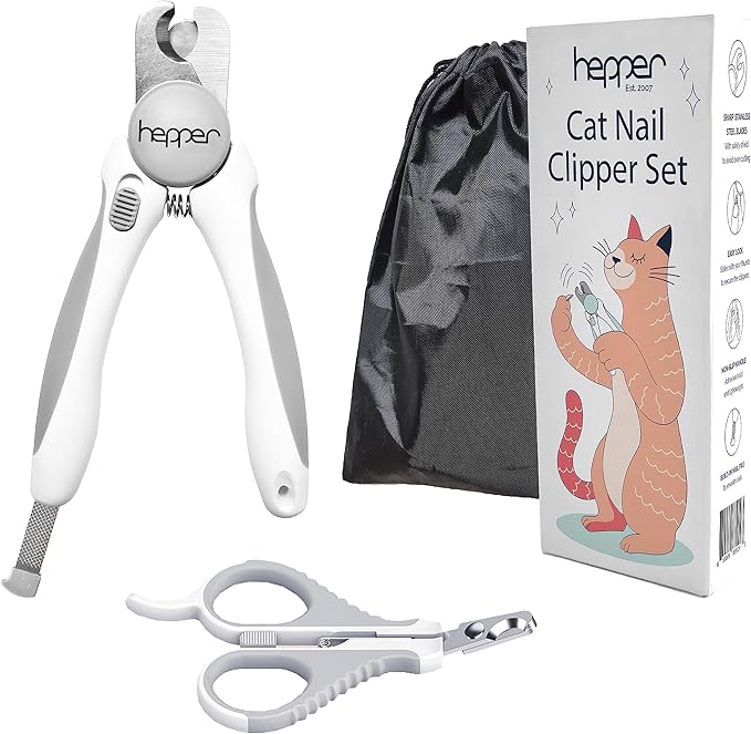 Hepper Cat Nail Clipper Kit - Small & Large Sharp Claw Clippers with Nail File & Storage Pouch - Safety Guard & Lock - Professional Cat Manicure