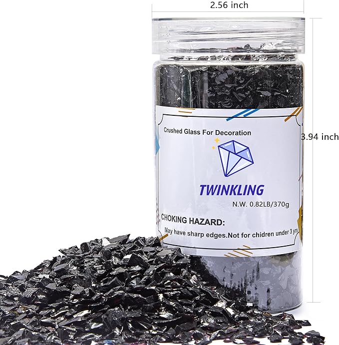 TWINKLING High Luster Crushed Glass Glitter, Broken Glass, Fire Glass Gems Chips for Fire Pit, DIY Resin Art, Epoxy Crafts, Geode Painting, Aquarium Decoration, 6-9mm(370g/13oz.) (Black)