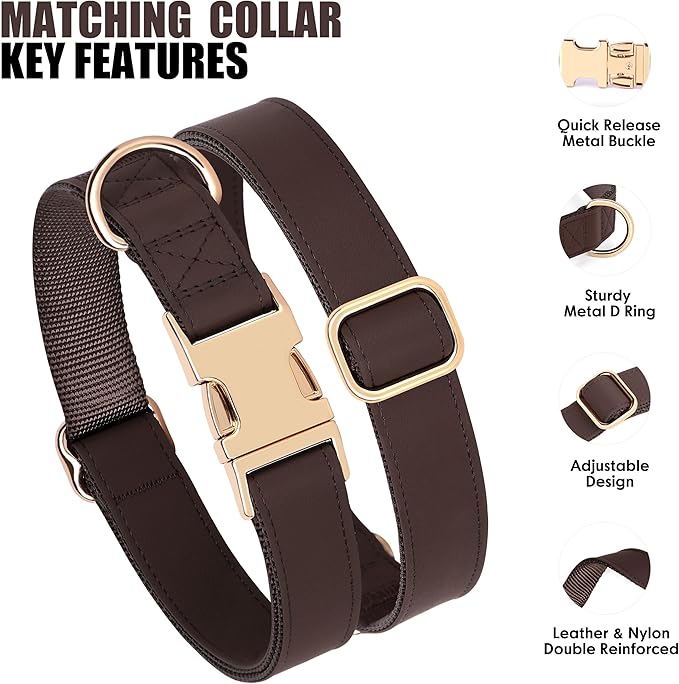 PET ARTIST PU Leather Dog Collar, Bright & Stylish Brown Dog Collar with Quick Release Gold Metal Buckle, Soft Nylon Padded Durable Pet Collars Adjustable for Large Dogs, Neck Fit 16-27"