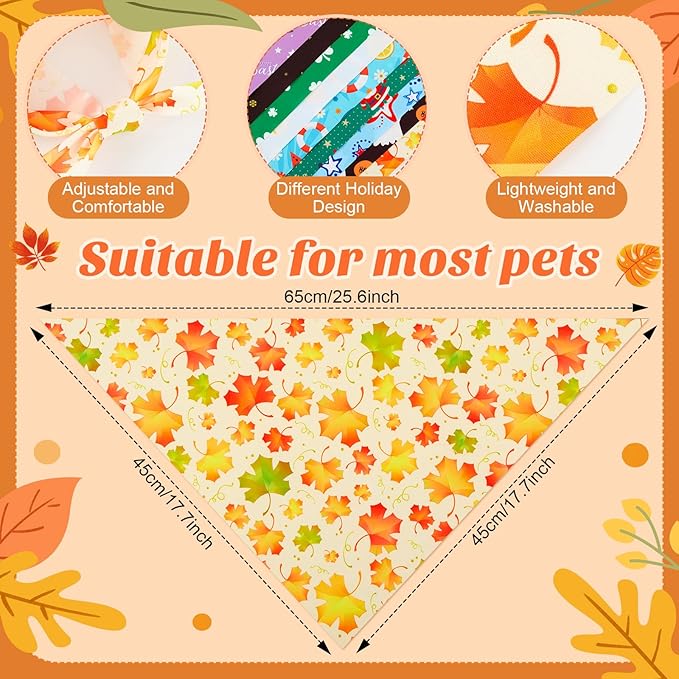 Weewooday 50 Pcs Holiday Dog Bandanas Bulk Dog Bandanas for Fall Autumn Halloween Christmas Soft Bibs Adjustable Triangle Bandana for Small Medium Large Costume (25.6 x 17.7 x 17.7 Inch)