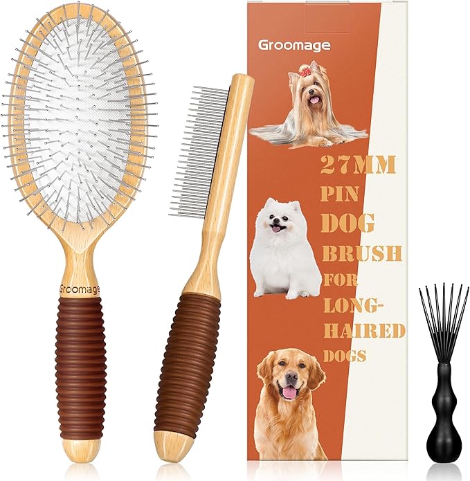 Dog Brush for Long Haired Dogs, 27mm Extra Long Metal Pin Dog Deshedding Brush and Comb Set, Short Haired Shedding Grooming Detail Pets Brush Set with Rubber Handle