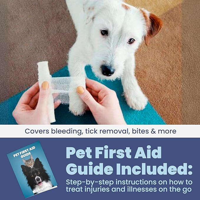 Dog First Aid Kit - Vet Approved Pet First Aid Supplies to Treat Dogs & Cats in an Emergency - Pet First Aid Kit Guide, Tick Remover, Slip Leash & Medical Essentials for Home, Camping, Car, RV, Travel