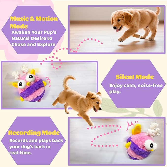Moving Dog Toys – Rechargeable Interactive Dog Squeaky Toy with Motion-Activated Ball, Music, Recording & Silent Modes – Self-Play Toy for Small, Medium & Large Breeds (Bee)