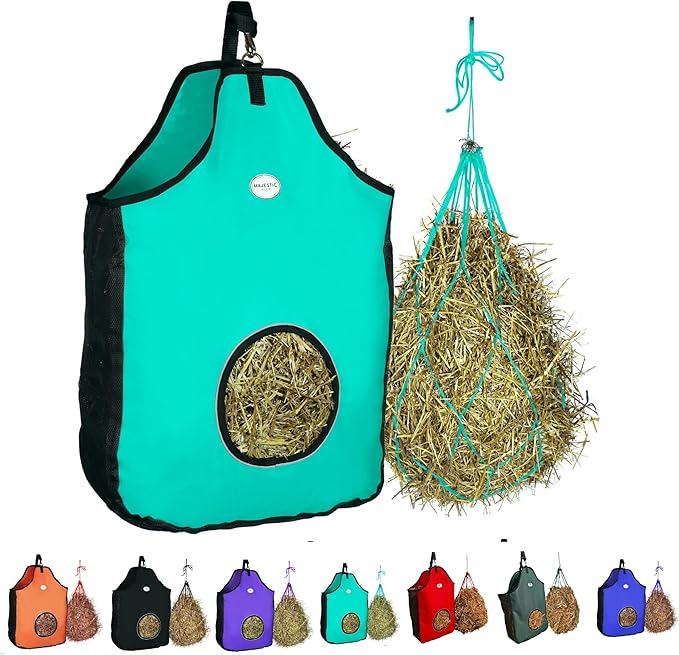 Majestic Ally 1200 D Hay Feeder Tote Bag for Horses, Sheep with Reflective Trim- Reduces Waste - Comes with 36” Hay Net. (Turquoise)
