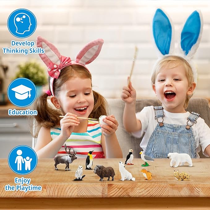 Toymany 14PCS Mini Arctic Animals Figurines Set, Polar Animals Toys with Polar Bear, Caribou, Penguin, Walrus, Wolf Figurines Cake Toppers Birthday Easter Gifts for Preschool Kids