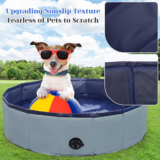 Foldable Dog Bath Swimming Pool 63'' Plastic Kiddie Pool Professional Tub Collapsible Grooming Bathtub for Pets Kids Baby and Toddler, 63 x 12 Inches Gray