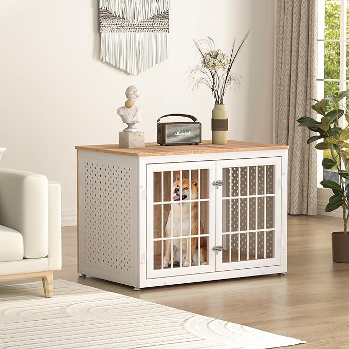38" Heavy Duty Dog Crate Furniture for Large and Medium Dogs,Wooden Metal Kennel for High Anxiety Dogs, Chew Proof Pet Cage Indoor, Decorative Dog Kennel End Table, White