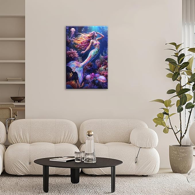 Sea Mermaid Bathroom Pictures Wall Art, Ocean Mermaid Bathroom Wall Decor, Aesthetics Framed Painting Canvas Artwork for Bedroom Living Room Decorations 24"L x 16"W