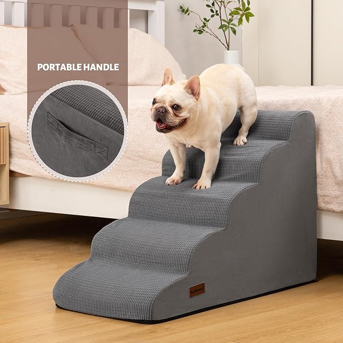 5-Step Dog Stairs and Ramp for High Bed, Non-Slip Sturdy Pet Steps for Small Dogs and Cats,22.2" H,Grey
