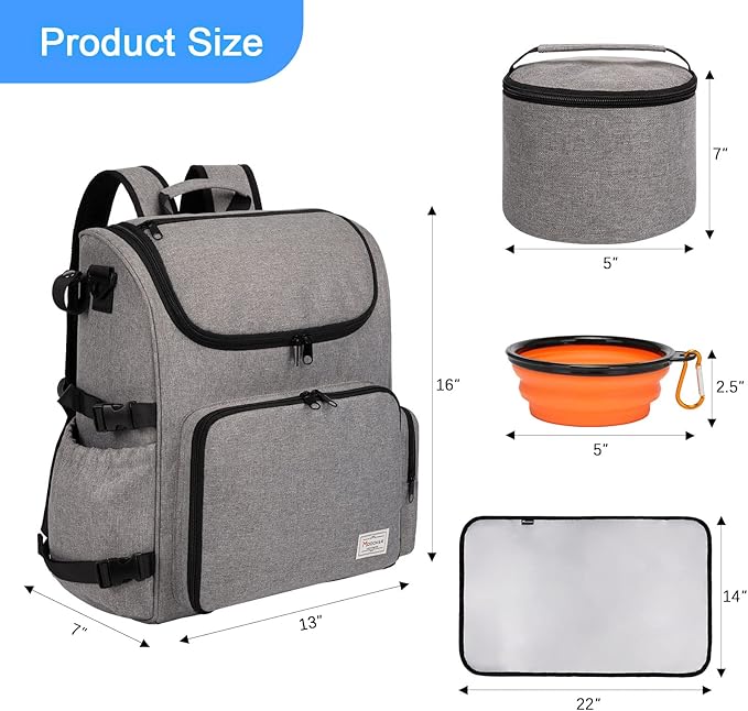 Modoker Dog Travel Bag Backpack, Airline Approved Pet Accessories Organizer for Dog and Cat with Shoulder Strap, 2 Dog Food Storage Containers, 2 Collapsible Dog Bowls,1 Pet Mat, Grey