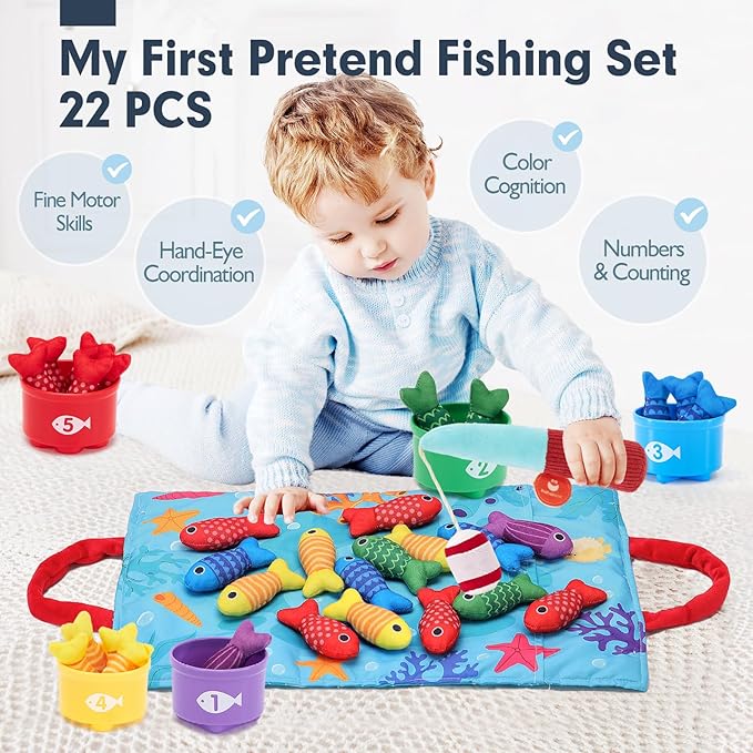 hahaland Montessori Toys for 1 Year Old - 10 in 1 Cloth Toddler Fishing Game with Stacking Cups, Baby Toy 12-18 Months One Year Old Boy Birthday Gift, Toddler Toys for 1 2 Year Old Boy Girl Gifts
