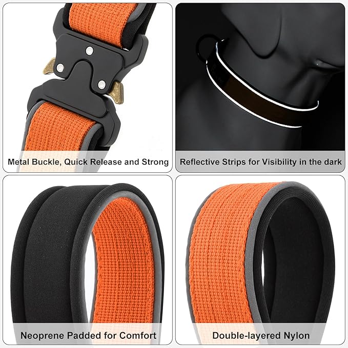Plutus Pet Tactical Dog Collar, Reflective, Adjustable Heavy Duty Dog Collar, Soft Padded and Comfortable, for Small Medium and Large Dogs (Orange, L)