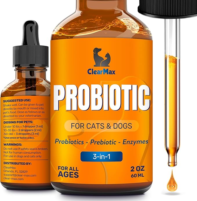 Liquid Probiotics for Dogs and Cats – 6 Billion CFU Pet Digestive Support – Dog Probiotics with Enzymes – Cat Probiotic Supplement – 2-oz Bottle