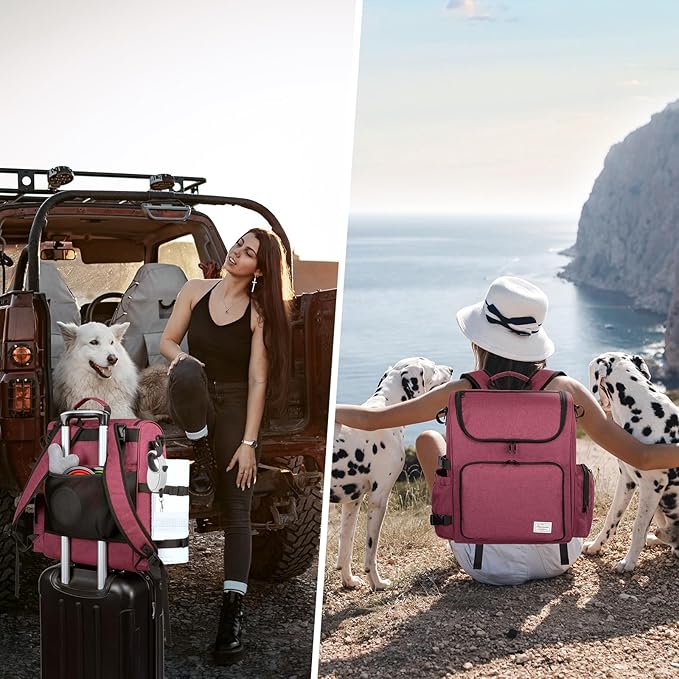 Modoker Dog Travel Bag Backpack, Airline Approved Pet Accessories Organizer for Dog and Cat with Shoulder Strap, 2 Dog Food Storage Containers, 2 Collapsible Dog Bowls,1 Pet Mat, Pink