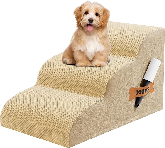 Romrol Dog Stairs Ramp for Beds Couches, Extra Wide Pet Steps with Durable Non-Slip Waterproof Fabric Cover, Dog Slope Stairs for Small Dogs and Cats or Pets Friendly, 3-Tiers, 13 Inch,Beige