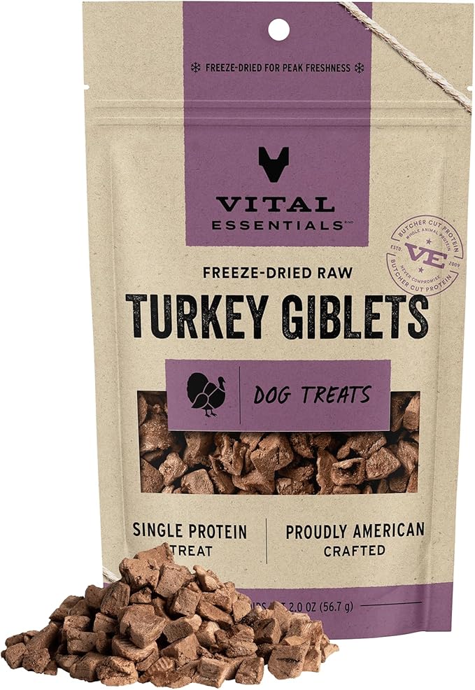 Vital Essentials Turkey Giblets Dog Treats, 2 oz | Freeze-Dried Raw | Single Ingredient | Premium Quality High Protein Training Treats | Grain Free, Gluten Free, Filler Free