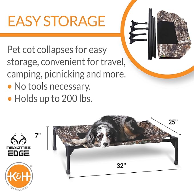 K&H Pet Products Outdoor Elevated Dog Cot, Breathable Cooling Elevated Cot Hammock Pet Bed for Medium Dogs, Washable Mesh Cover, Raised Metal Frame, Collapsible, Portable - Medium 32 X 25in Camo