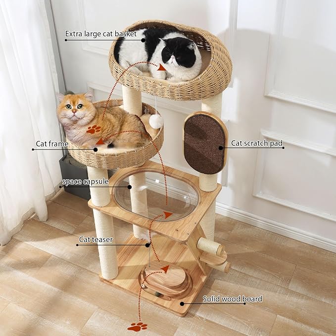 Solid Wood Cat Tree, 50 Inch Modern Cat Tower with Space Capsule, Hand-Woven Basket Nest, Sisal Posts & Scratching Board, Heavy-Duty Multi-Level Indoor Tower