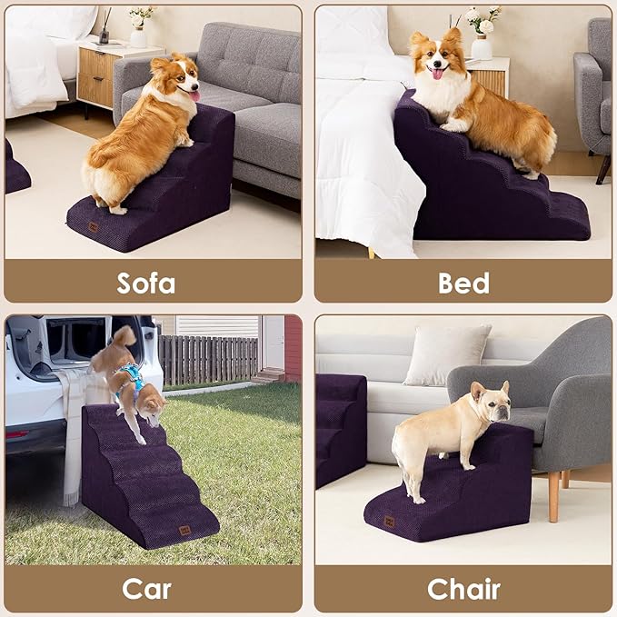EHEYCIGA Curved Dog Stairs Ramp for High Beds 22.6" H, 5-Step Dog Steps for Small Dogs and Cats, Pet Stairs for High Bed Climbing, Non-Slip Balanced Pet Step Indoor, Purple