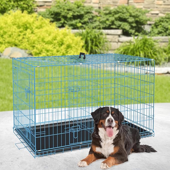 BestPet | Dog Crate | 48" | Blue | Foldable Metal Kennel with Double Doors, Secure Slide-Bolt Latches, Leakproof Tray | Portable Dog Cage for Large Breeds | for Travel, Indoor & Outdoor Use